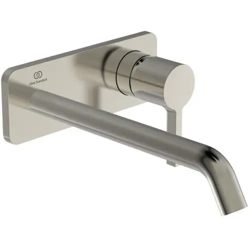 Wand-Waschtischarmatur mit eckiger Rosette und einem langen Wasserhahn von Ideal Standard, in silberner Farbe.